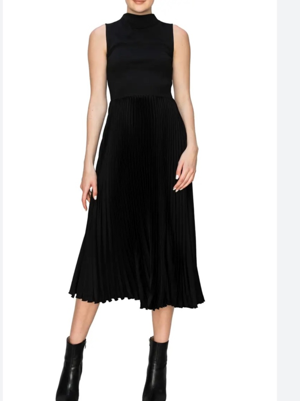 Melloday Mixed Media Fit & Flare Black Sleeveless Pleated MIDI Dress 🆕
